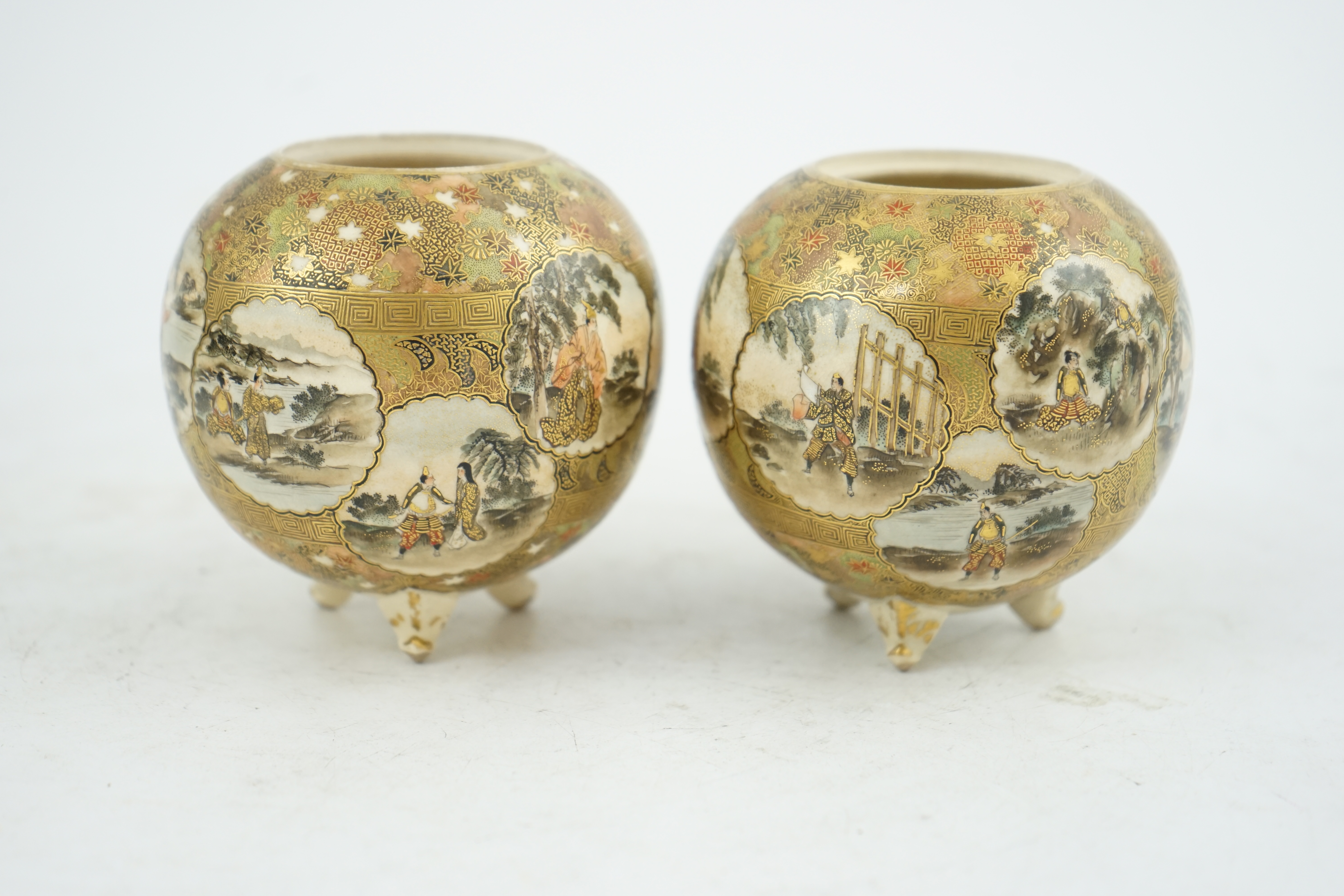 A pair of Japanese Satsuma globular koros, Meiji period